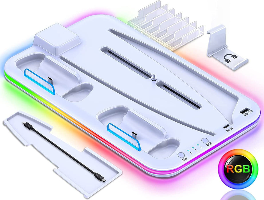 A charging dock for the PS5, featuring RGB lighting, designed for both controllers and headsets.