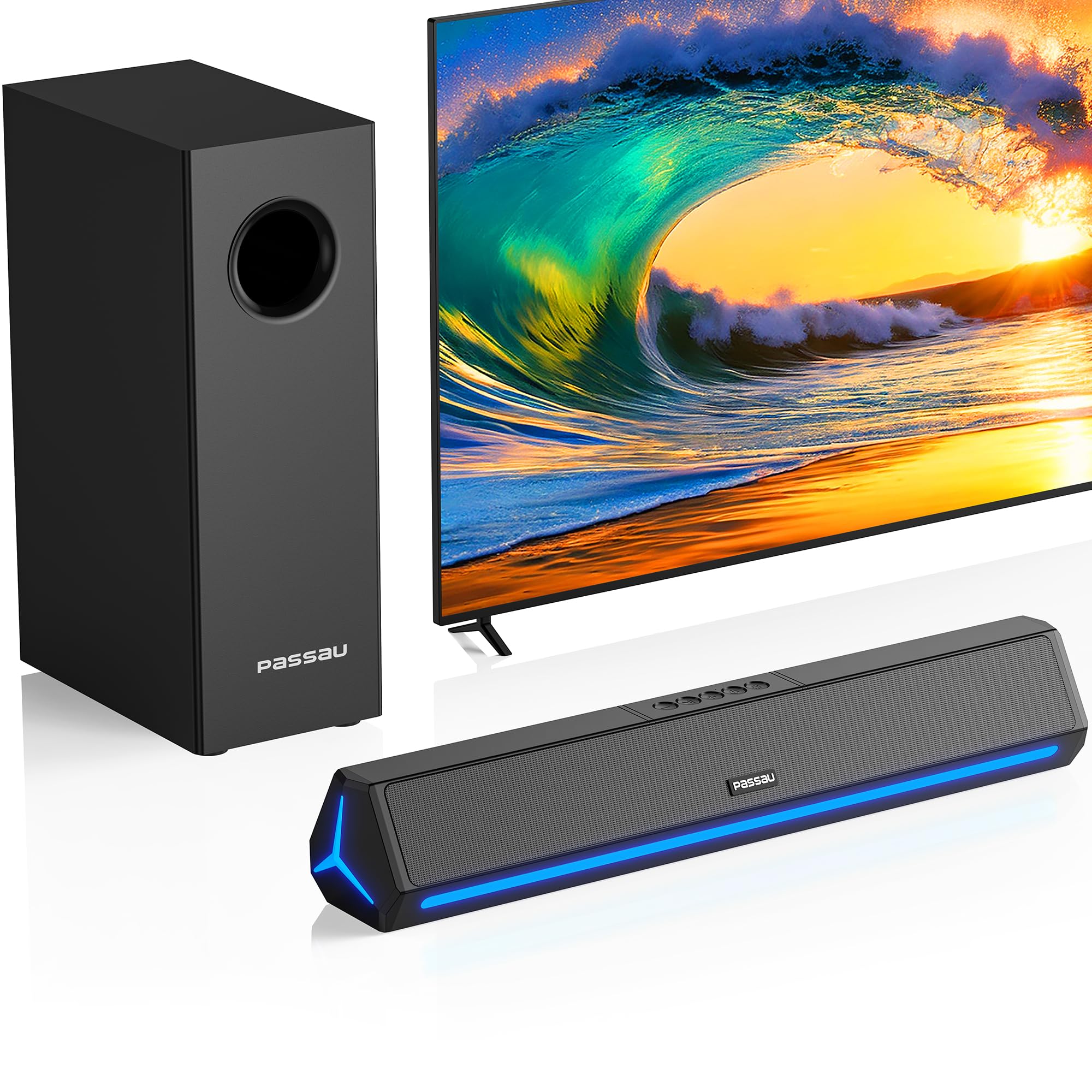 Passau Sound Bar for Smart TV with Subwoofer 2.1ch TV Speakers Small Soundbar Deep Bass PC Gaming Monitor Sound Bars Bluetooth/AUX/HDMI(ARC) Connection-16 Inch.