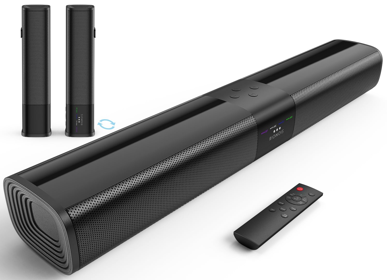 RIOWOIS Sound Bar for Smart TV, 2-in-1 Detachable Home Audio Soundbar Speaker, 20" Sound Bar for TV with Optical/AUX/HDMI-ARC/Bluetooth Connection for PC/Gaming/Projectors, Wall Mountable.