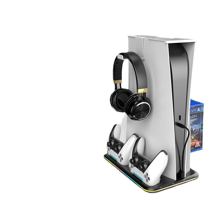 A charging dock for the PS5, featuring RGB lighting, designed for both controllers and headsets.