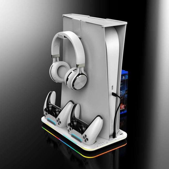 Gaming headset and controllers on a stand with a dark gradient background