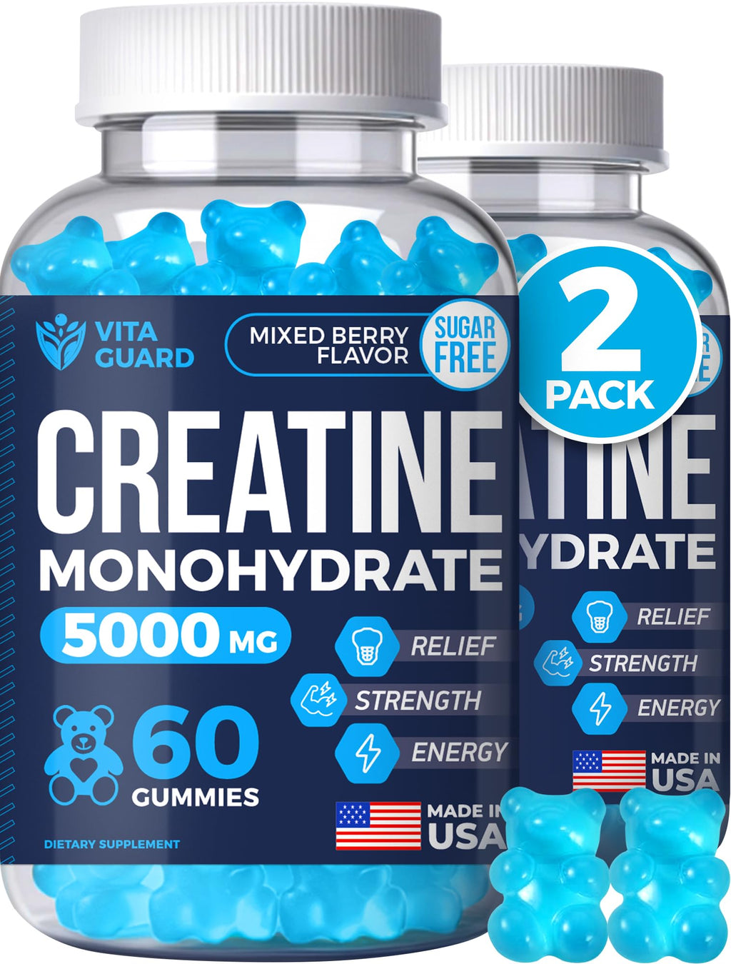 Vita Guard 5000mg Creatine Monohydrate Gummies Formula for Men and Women Ultimate Muscle Builder Energy Booster & Pre-Workout Supplement (2 Pack)