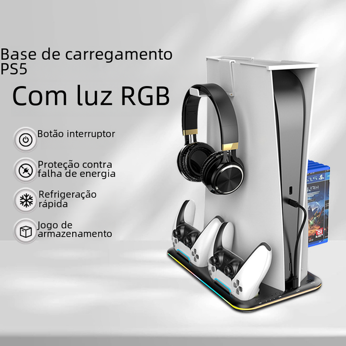 A charging dock for the PS5, featuring RGB lighting, designed for both controllers and headsets.