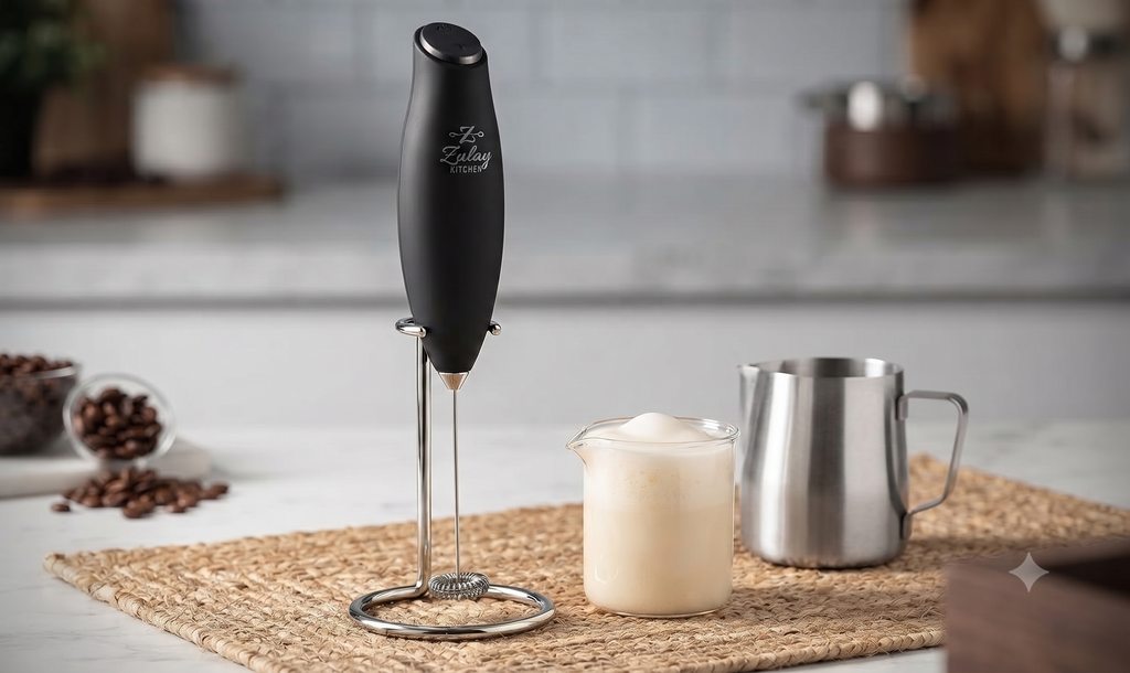 Zulay Kitchen Powerful Milk Frother Wand With 2 Duracell Batteries - Ultra Fast Handheld Drink Mixer - Electric Whisk Foam Maker for Coffee Lattes Cappuccino Matcha Hot Chocolate & Creamer - Black