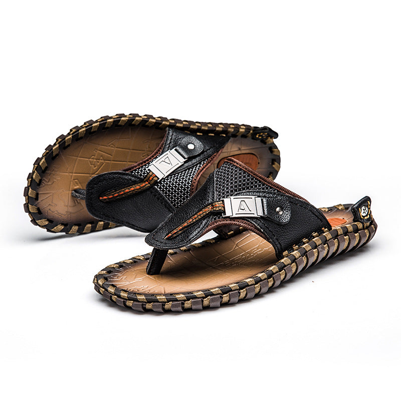 Handmade Cow Leather Men's Massage Beach Flip-Flops