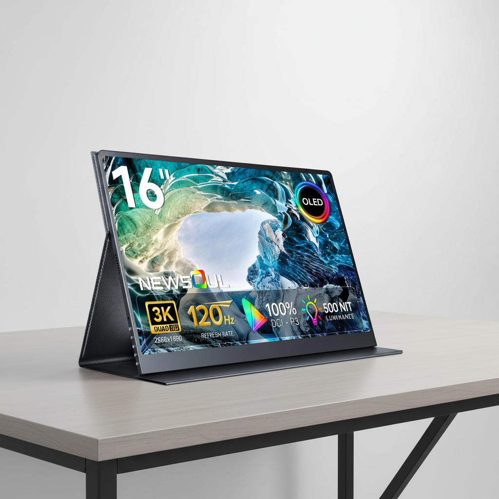 Newsoul OLED Portable Monitor 16" 3K 2880x1800 | 120Hz | 1ms Portable Gaming Monitor 500 Nits | 100000:1 Contrast | 100% DCI-P3 | 8-Bit+FRC| Ultra-Slim Design for Laptop Mini PC Phone Game Consoles