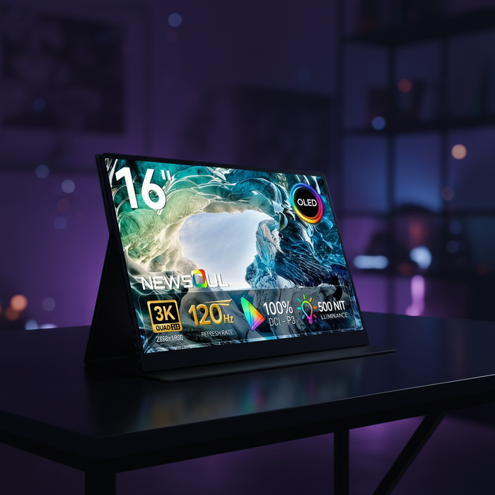 Newsoul OLED Portable Monitor 16" 3K 2880x1800 | 120Hz | 1ms Portable Gaming Monitor 500 Nits | 100000:1 Contrast | 100% DCI-P3 | 8-Bit+FRC| Ultra-Slim Design for Laptop Mini PC Phone Game Consoles