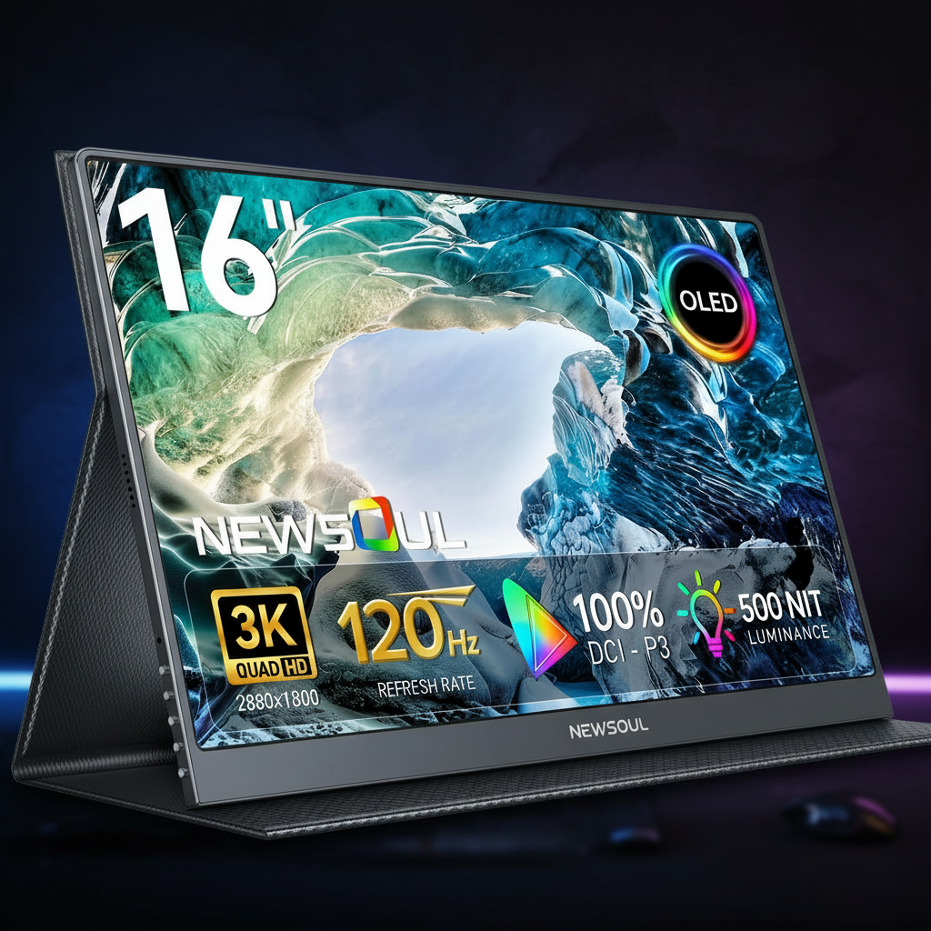 Newsoul OLED Portable Monitor 16" 3K 2880x1800 | 120Hz | 1ms Portable Gaming Monitor 500 Nits | 100000:1 Contrast | 100% DCI-P3 | 8-Bit+FRC| Ultra-Slim Design for Laptop Mini PC Phone Game Consoles