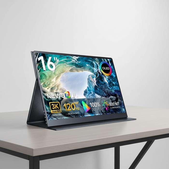Newsoul OLED Portable Monitor 16" 3K 2880x1800 | 120Hz | 1ms Portable Gaming Monitor 500 Nits | 100000:1 Contrast | 100% DCI-P3 | 8-Bit+FRC| Ultra-Slim Design for Laptop Mini PC Phone Game Consoles