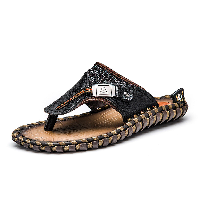 Handmade Cow Leather Men's Massage Beach Flip-Flops