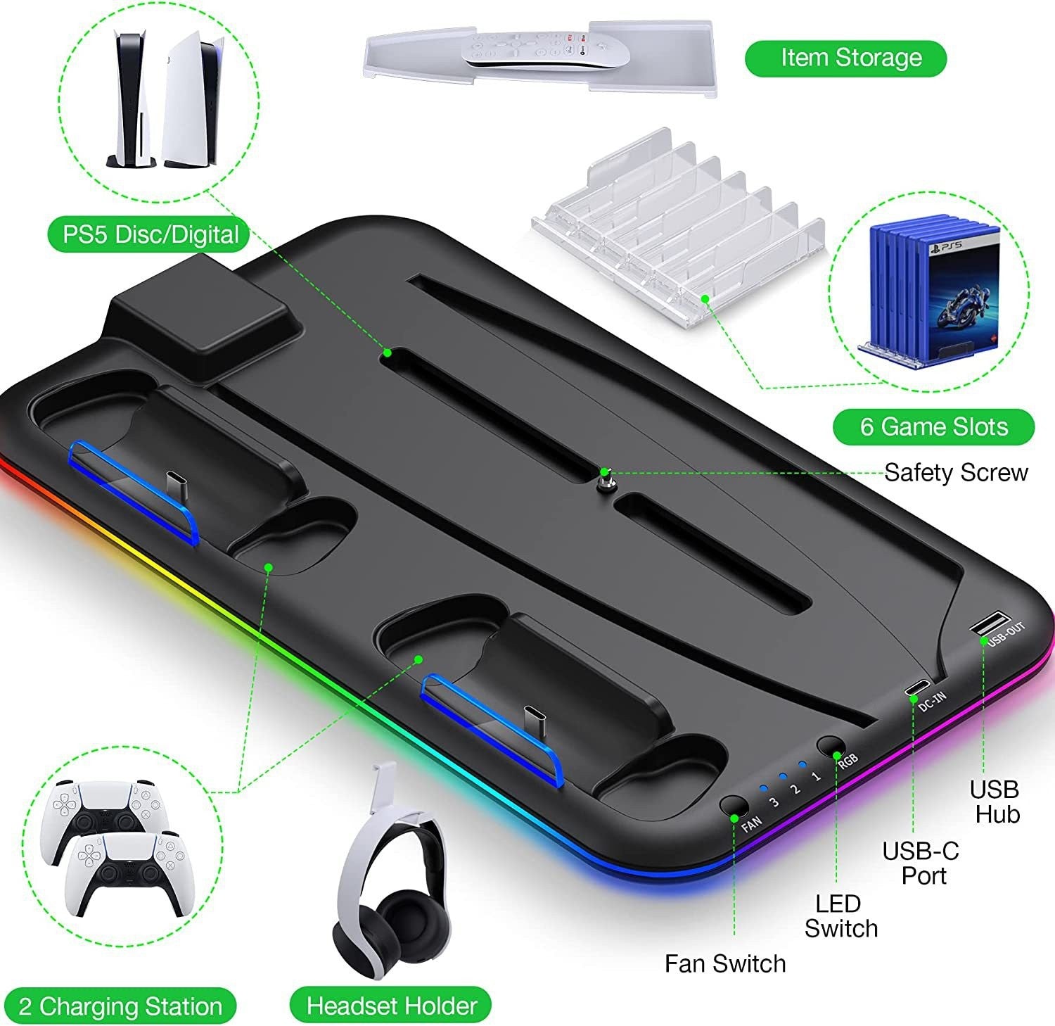 A charging dock for the PS5, featuring RGB lighting, designed for both controllers and headsets.