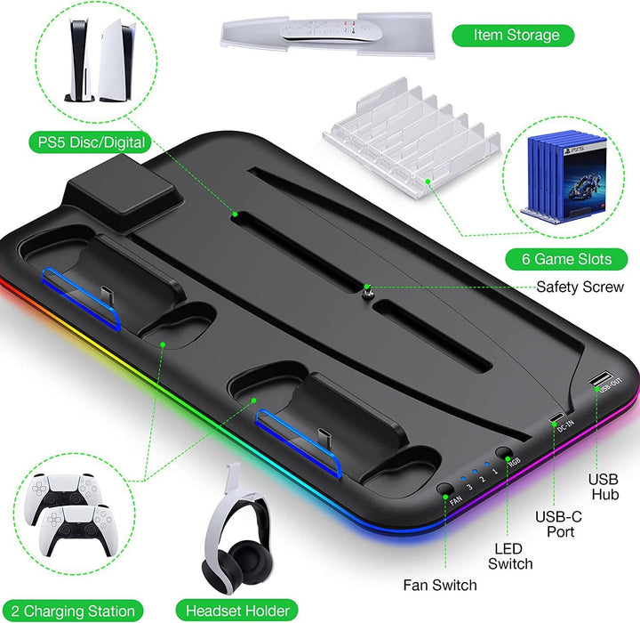 A charging dock for the PS5, featuring RGB lighting, designed for both controllers and headsets.