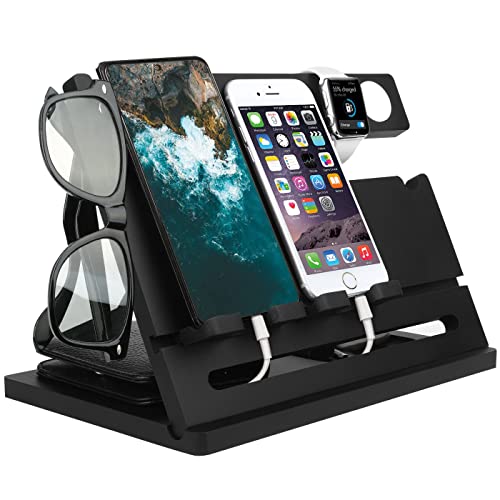 Bamboo Double Phone Docking Station Ash Key Holder Wallet Stand Watch Organizer Men Wife Dad Birthday Gift Nightstand Father Gadgets Compatible with iPhone iWatch-Black